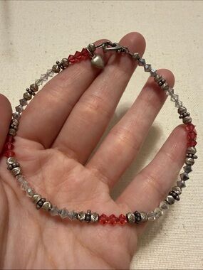 Sterling Silver 925 Handcrafted Red & Silver Beaded Bracelet 9.5’ in